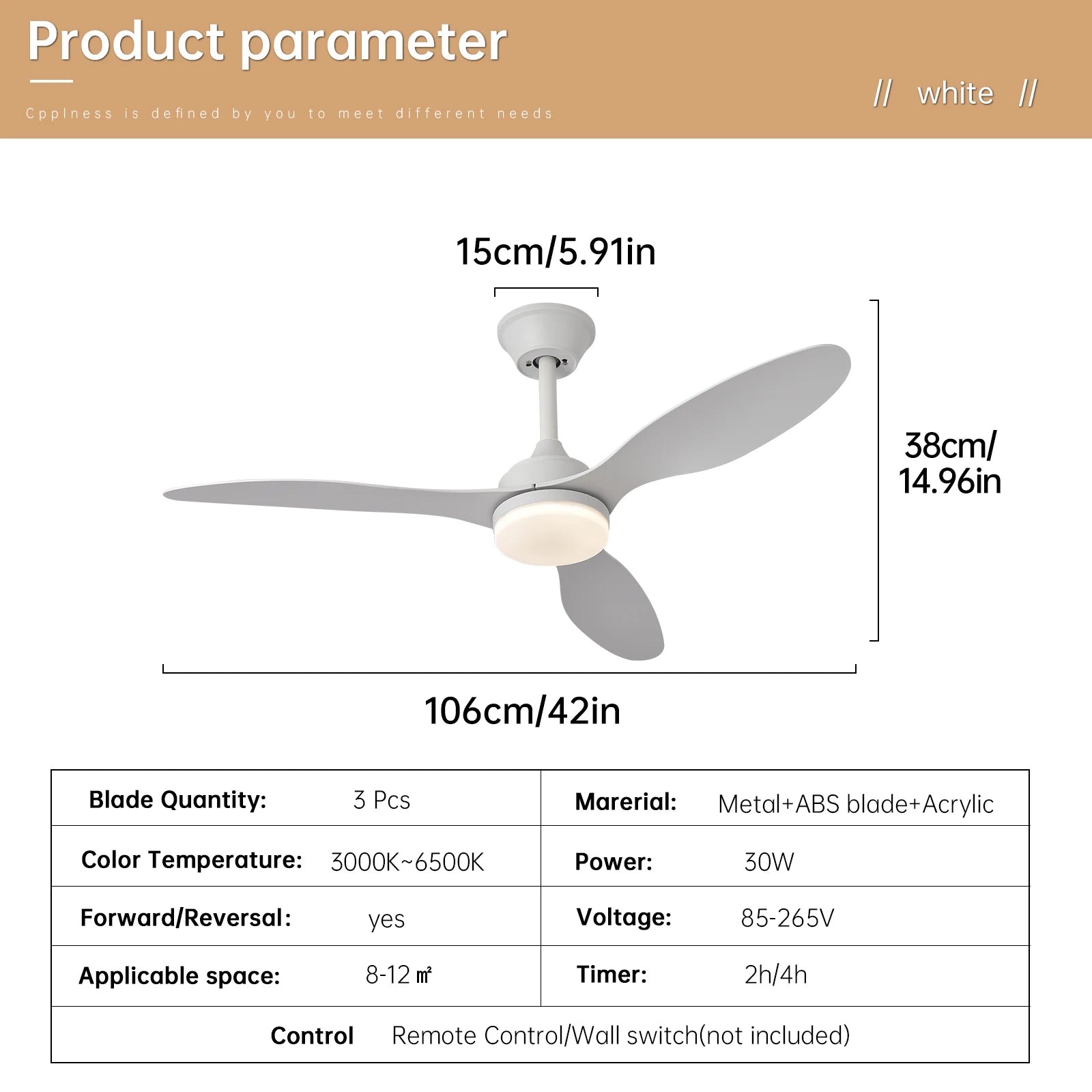 Low-profile white ceiling fan with three sleek matte blades and central light fixture with remote control