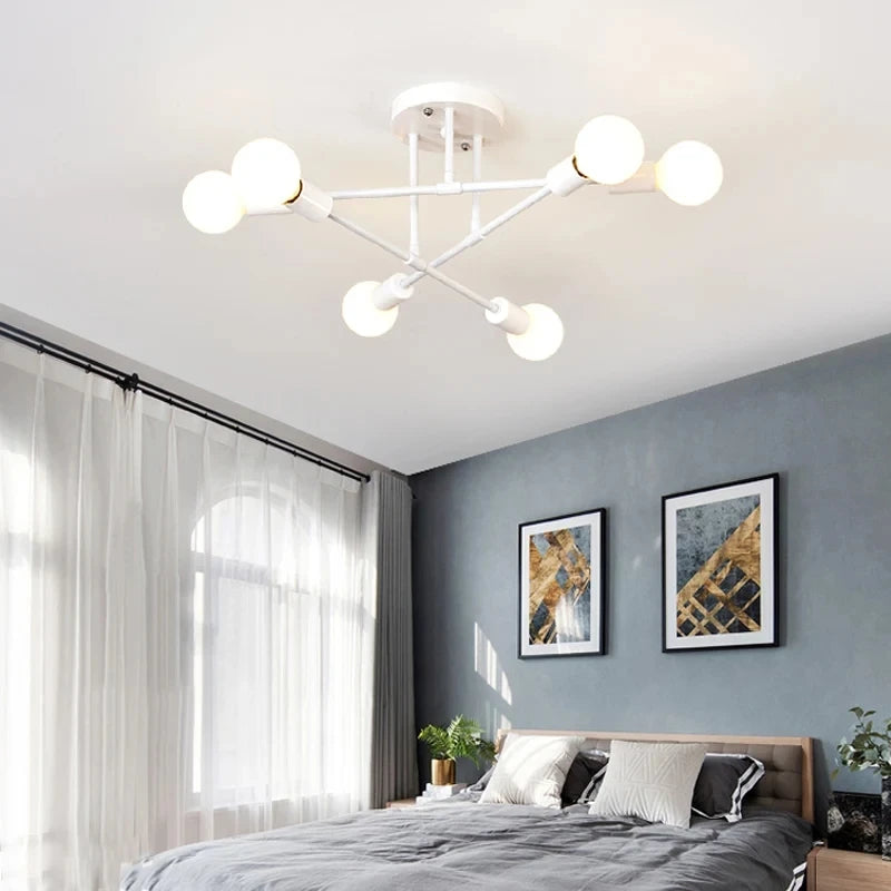 Modern nordic sputnik led chandelier ceiling light with six white spherical bulbs in a geometric pattern