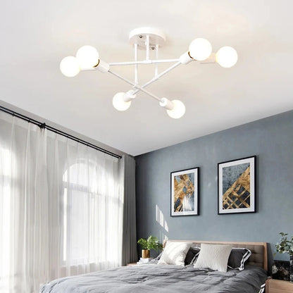 Modern nordic sputnik led chandelier ceiling light with six white spherical bulbs in a geometric pattern