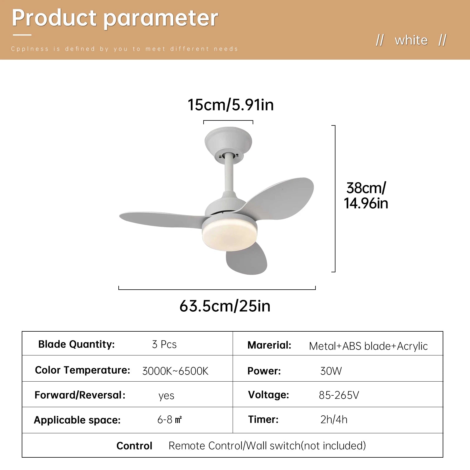 Low-profile white ceiling fan with three sleek blades integrated led light and remote control for modern spaces