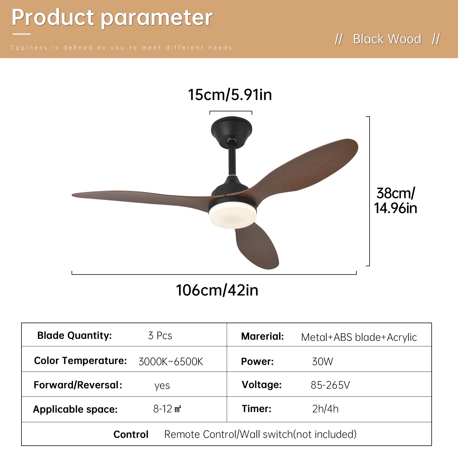 Low-profile black wood ceiling fan with three blades central light fixture and remote control for indoor use