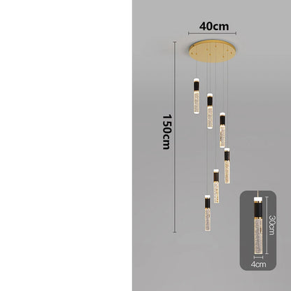 Modern crystal chandelier adjustable luxury pendant light with gold-toned circular fixture and seven crystal-filled led cylinders
