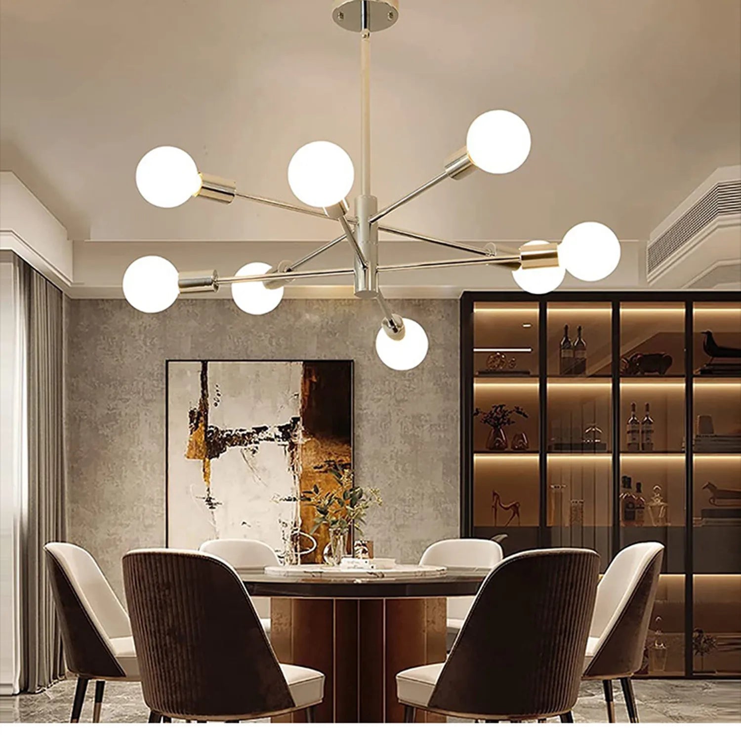Nordic modern sputnik semi flush mount chandelier with spherical white bulbs and sleek metallic frame
