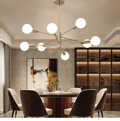 Nordic modern sputnik semi flush mount chandelier with spherical white bulbs and sleek metallic frame
