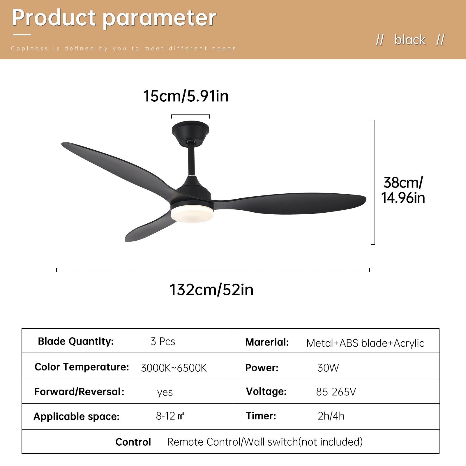 Black low-profile ceiling fan with three sleek blades integrated light fixture and remote control for modern rooms