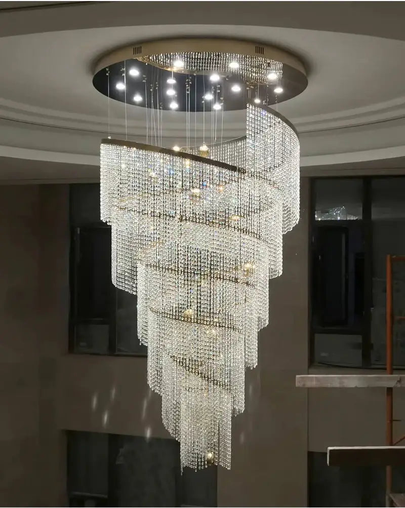 Luxuriöser großer spiralförmiger Kristall-Kronleuchter für Treppenhaus, Flur