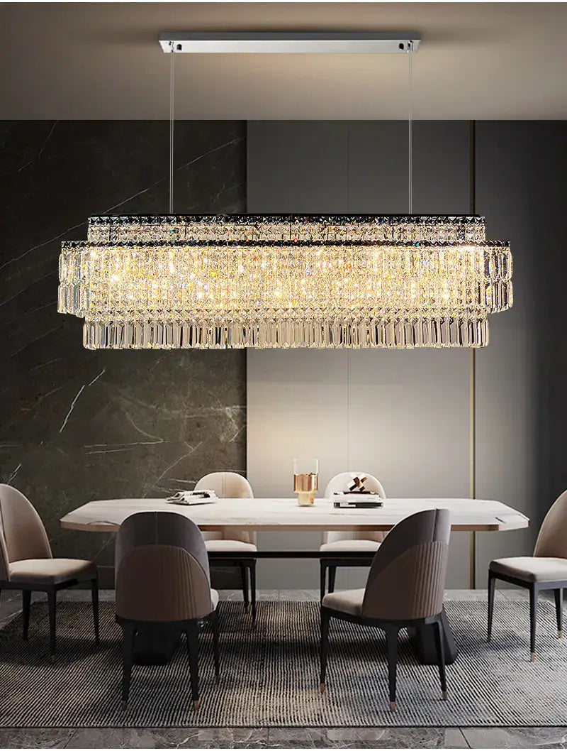 Luxuriöser hängender rechteckiger Kristall-Kronleuchter für Küche und Esszimmer