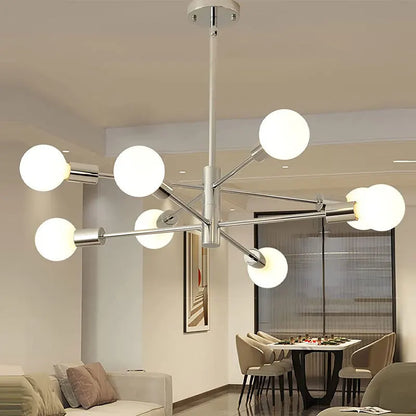 Modern chrome finished nordic sputnik semi flush mount chandelier with six spherical frosted glass bulbs