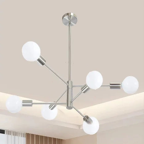 Modern chrome Nordic Sputnik semi-flush mount chandelier with six frosted glass globe bulbs in radial design