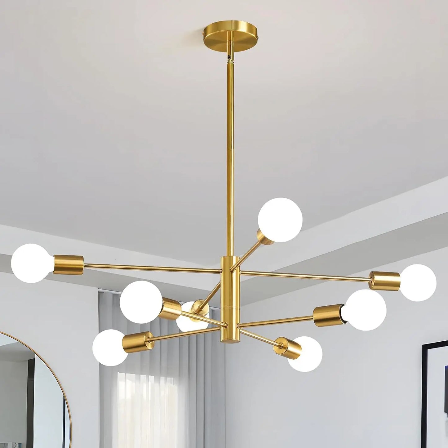 Gold-toned nordic modern sputnik semi-flush mount chandelier with six white glass spherical bulbs and a central cylindrical stem