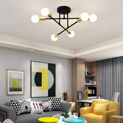 Black and gold modern nordic sputnik led chandelier with six spherical bulbs for ceiling lighting