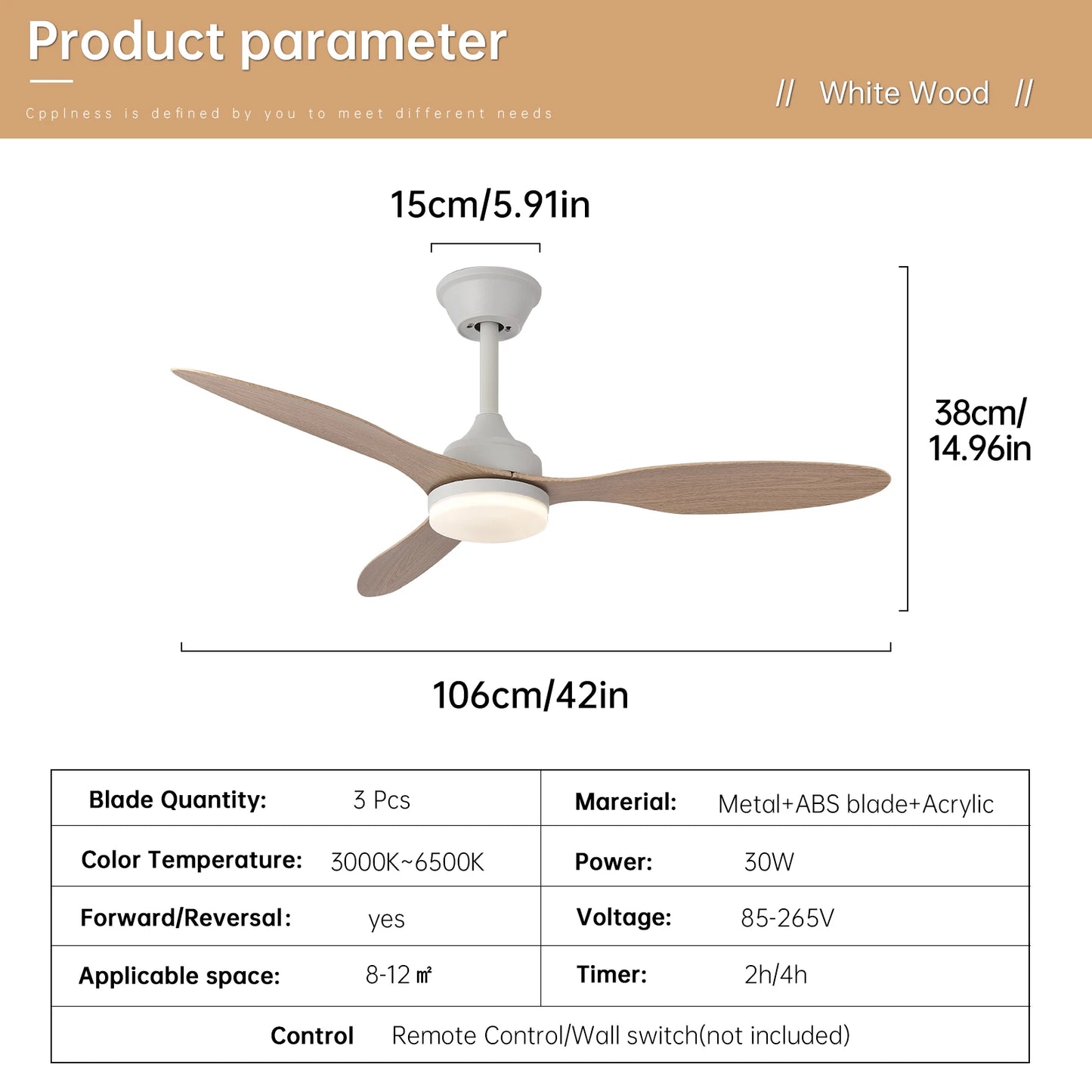 White wood low-profile ceiling fan with three light brown blades and a central circular LED light fixture with remote control