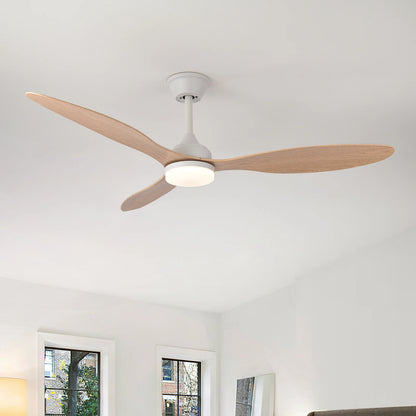Low-profile ceiling fan with three light wood blades white housing and integrated circular led light with remote control