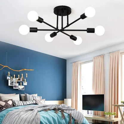 Modern Nordic Sputnik LED chandelier ceiling light with black metal frame and six white spherical bulbs