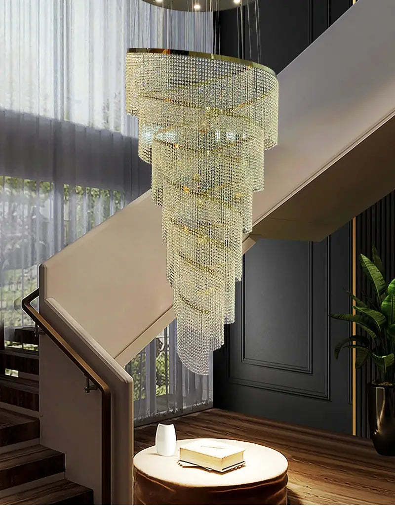 Luxuriöser großer spiralförmiger Kristall-Kronleuchter für Treppenhaus, Flur