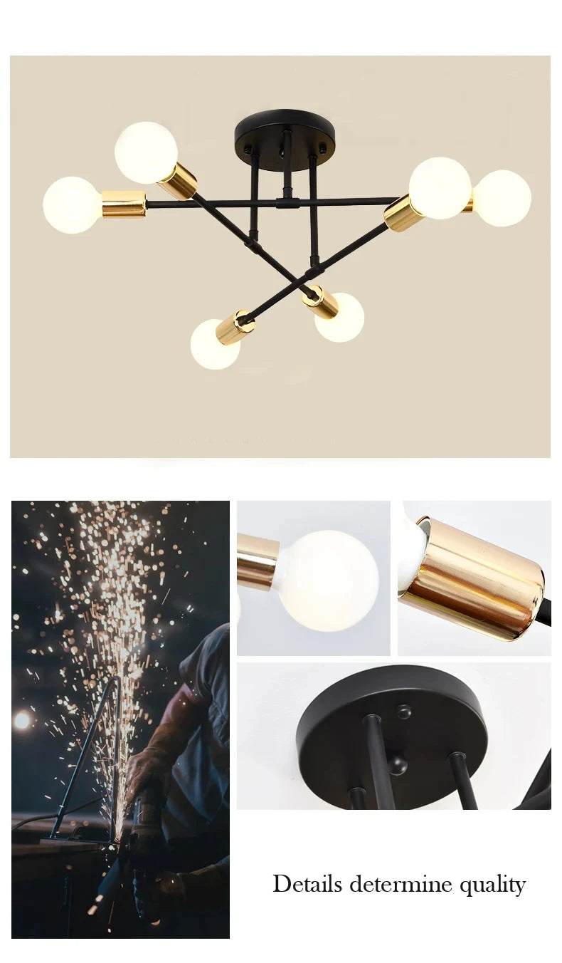 Modern nordic sputnik led chandelier ceiling light with black and gold finish and six spherical bulbs