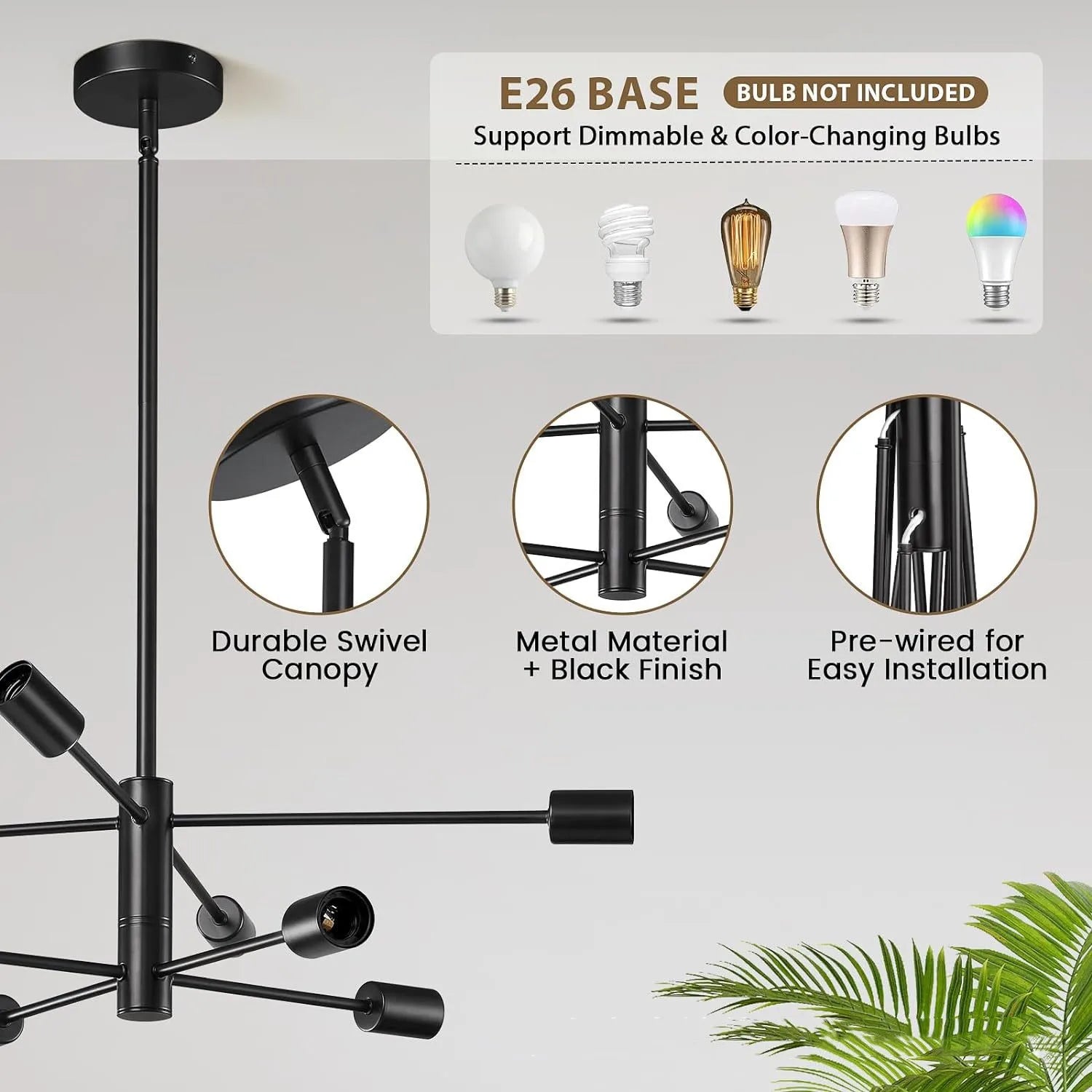 Black metal Nordic modern Sputnik semi-flush mount chandelier with multiple arms and adjustable light fixtures