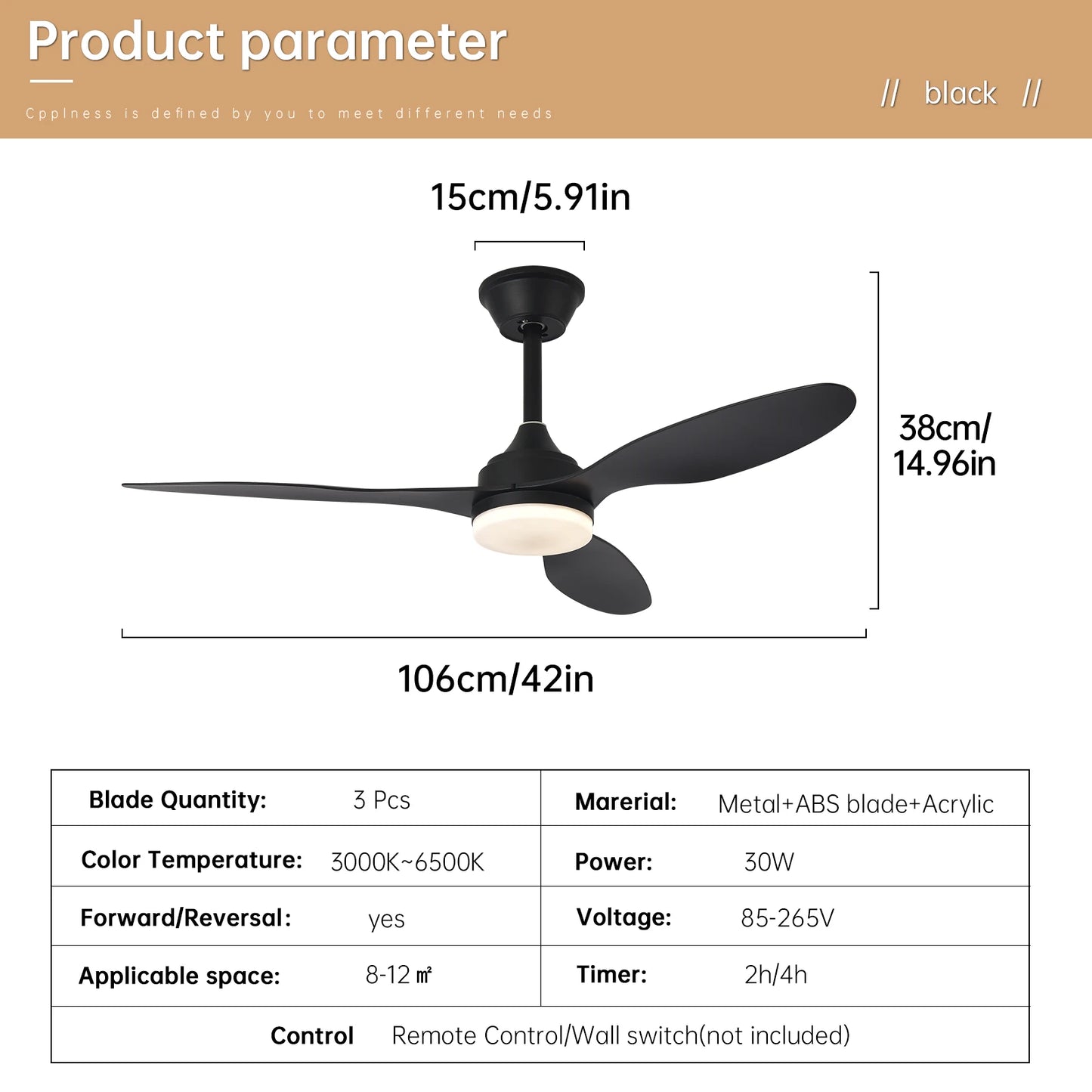 Black low-profile ceiling fan with three sleek blades and central light fixture with remote control