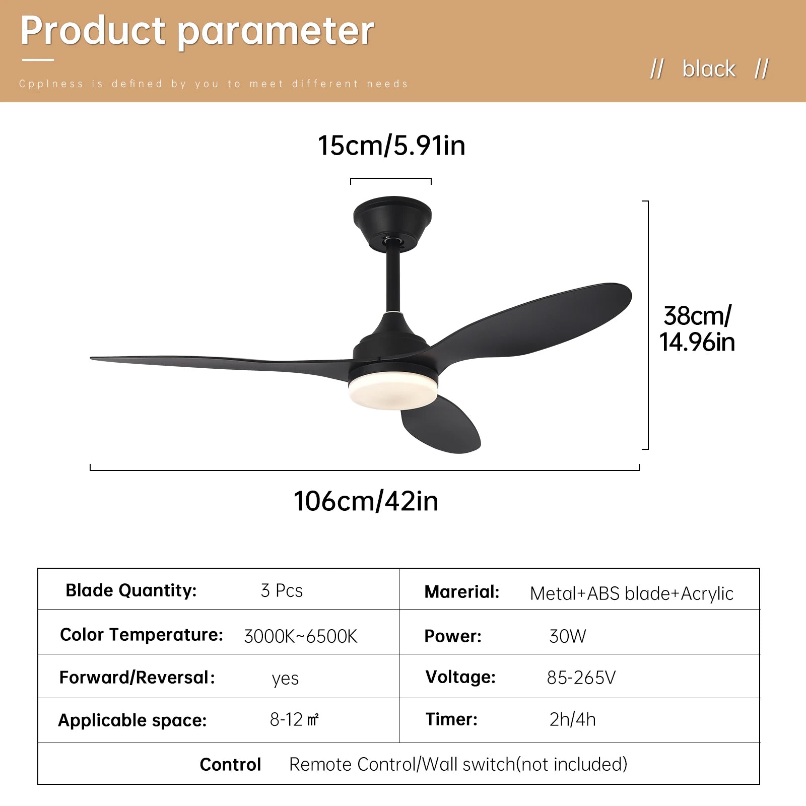Black low-profile ceiling fan with three sleek blades and central light fixture with remote control
