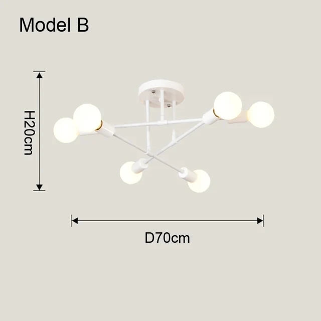 White modern nordic sputnik led chandelier ceiling light with six spherical bulbs in a geometric branching design