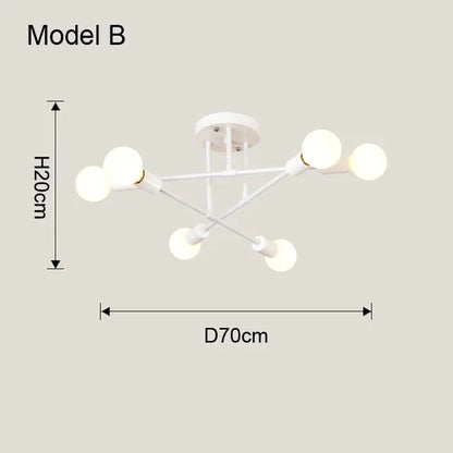 White modern nordic sputnik led chandelier ceiling light with six spherical bulbs in a geometric branching design