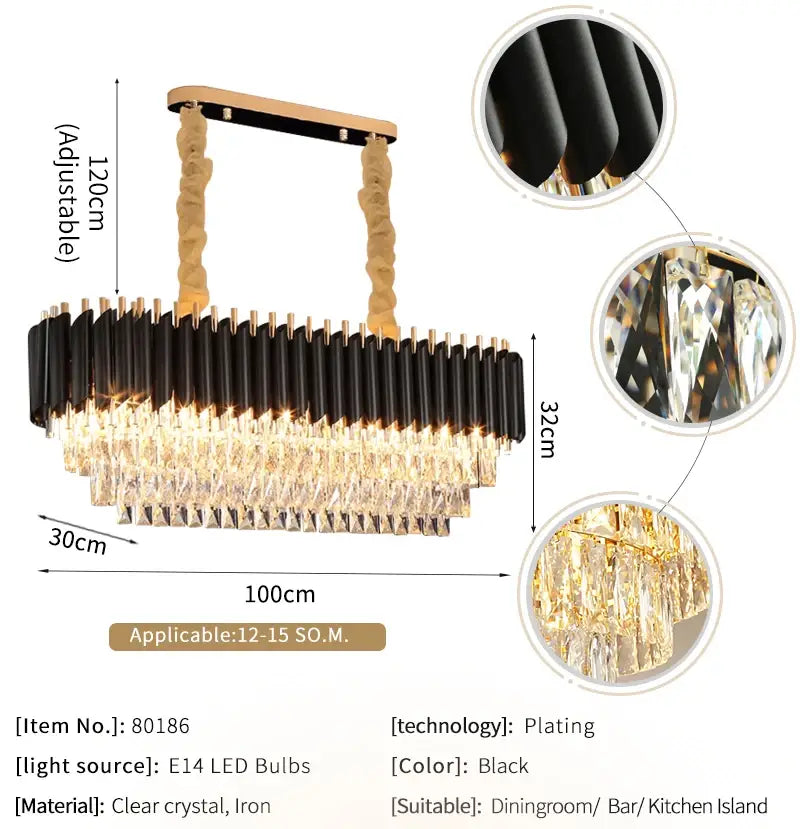 Luxuriöser schwarzer rechteckiger Kristallleuchter für Esszimmer, Küche