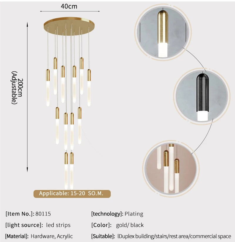 Luxury Long LED Strips Chandelier for Staircase, Lobby