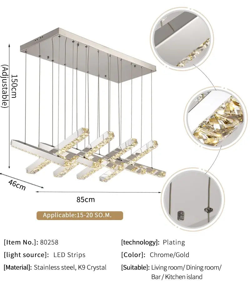 Moderner goldener rechteckiger Kristall-Kronleuchter für Esszimmer und Küche