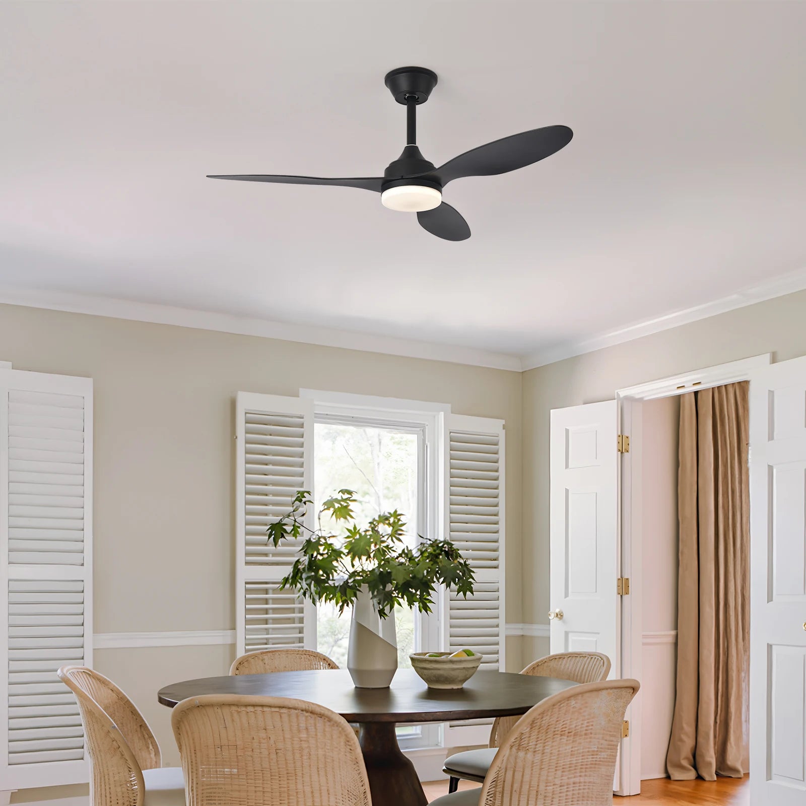 Black three blade low profile ceiling fan with integrated light fixture and remote control for modern rooms