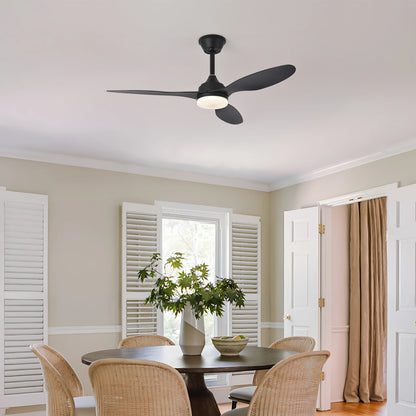Black three blade low profile ceiling fan with integrated light fixture and remote control for modern rooms