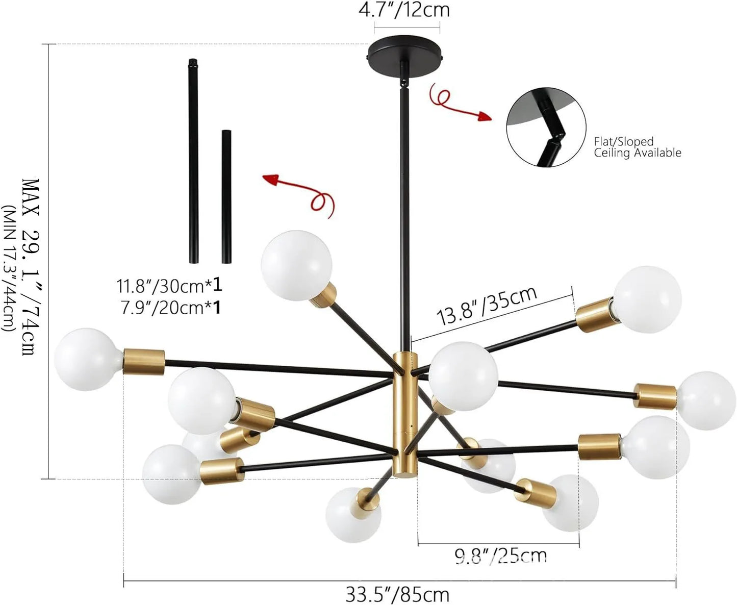 Nordic modern Sputnik semi flush mount chandelier with black and brass finish and multiple white globe bulbs