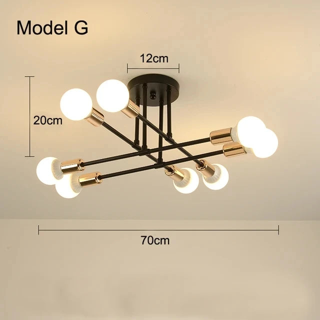 Modern nordic sputnik led chandelier ceiling light in black and gold with multiple spherical bulbs for ceiling installation