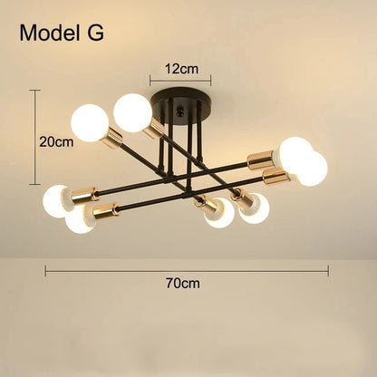 Modern nordic sputnik led chandelier ceiling light in black and gold with multiple spherical bulbs for ceiling installation