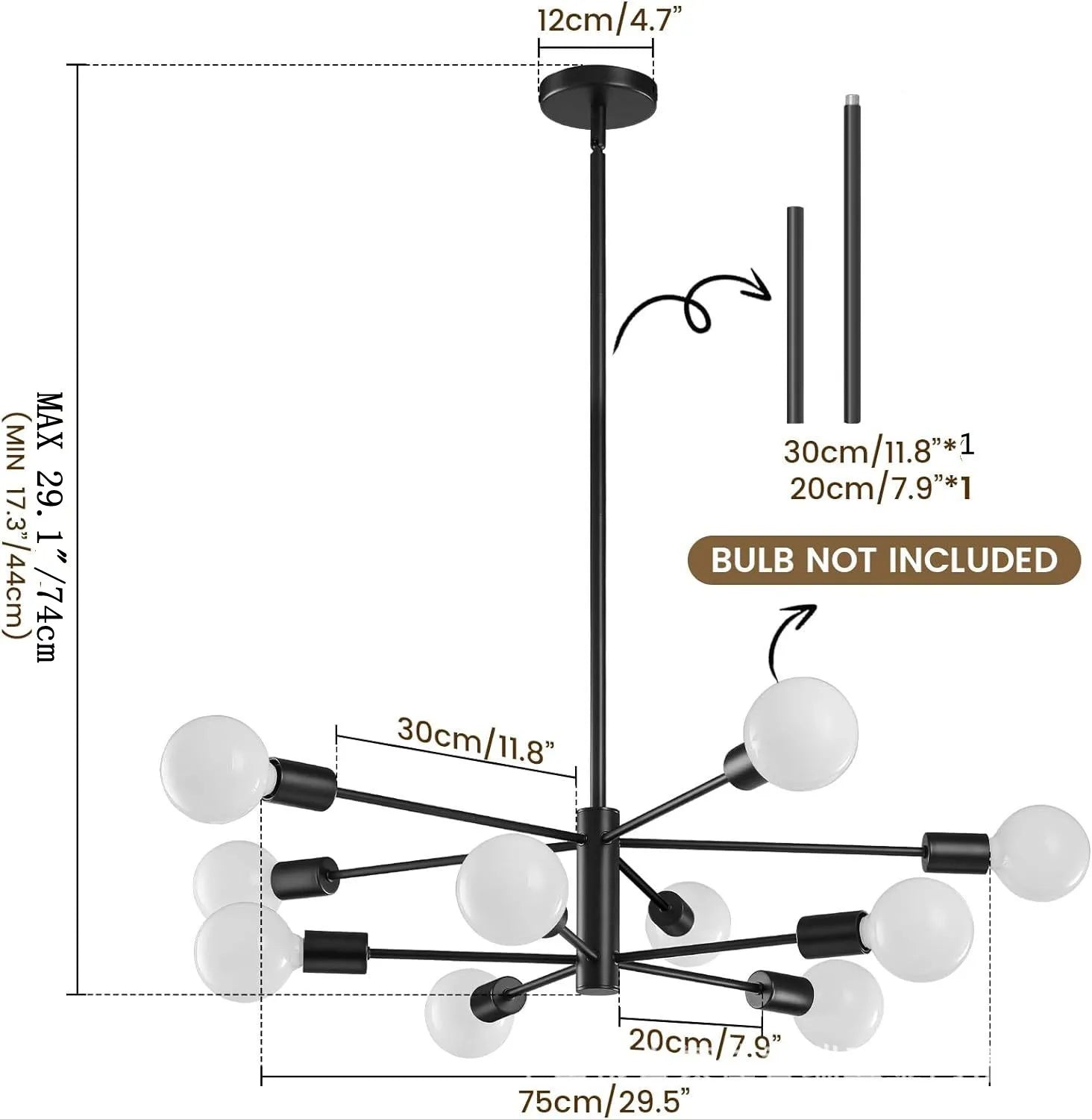 Black nordic modern sputnik semi flush mount chandelier with frosted glass globe bulbs and adjustable arms
