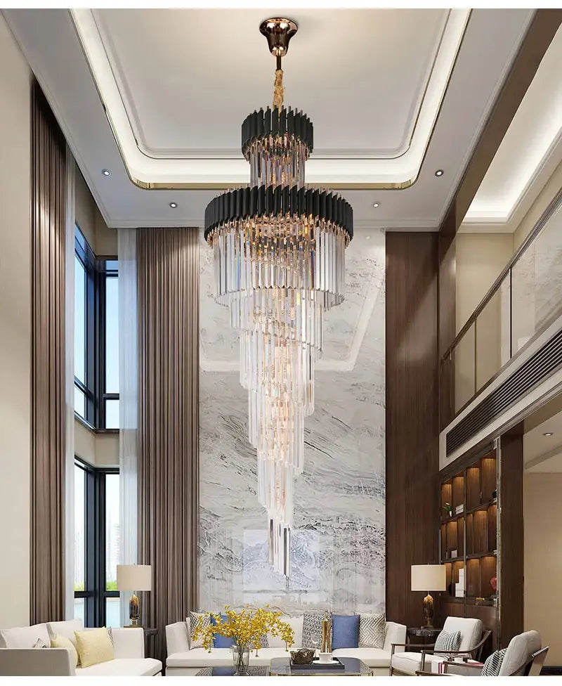 Langer schwarzer Luxus-Kristallleuchter für Treppenhaus, Lobby, Wohnzimmer