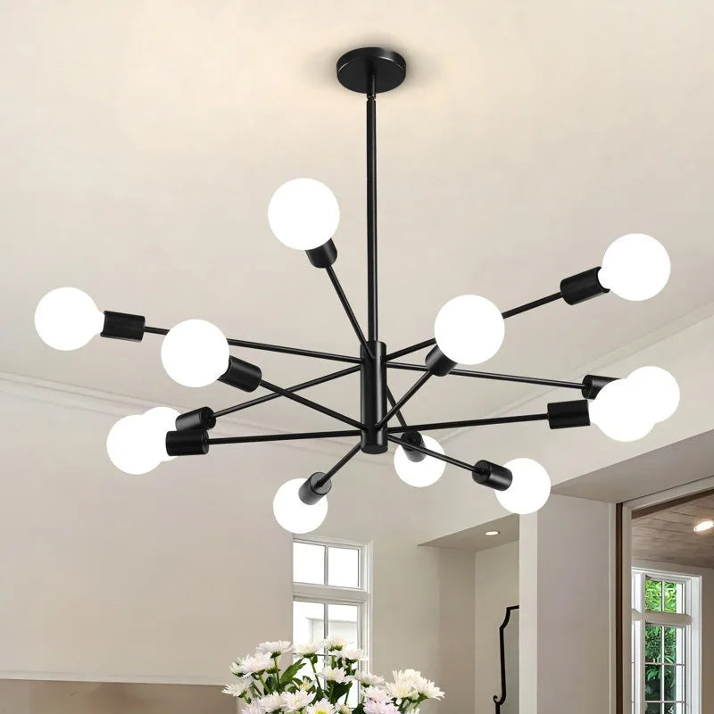 Black nordic modern sputnik semi flush mount chandelier with spherical white bulbs and sleek metal arms