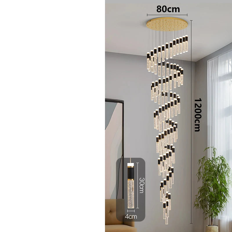 A modern crystal chandelier with clear crystal tubes black accents and a gold-toned circular ceiling mount pendant light