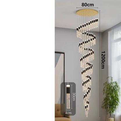 A modern crystal chandelier with clear crystal tubes black accents and a gold-toned circular ceiling mount pendant light