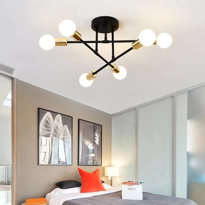 Modern nordic sputnik led chandelier ceiling light with six black and gold spherical bulbs and metal frame