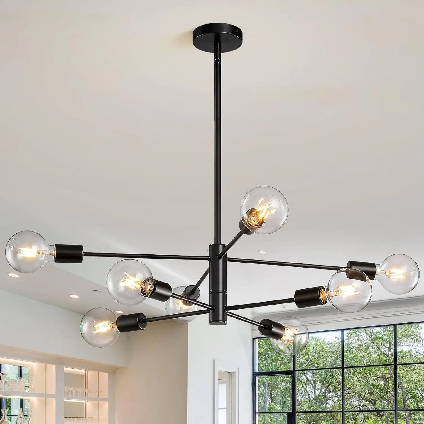 Black metal nordic modern sputnik semi flush mount chandelier with six clear glass globe bulbs