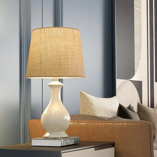 19 Inch White Ceramic Table Lamp with Linen Shade - In-line Lighting > & Floor Lamps
