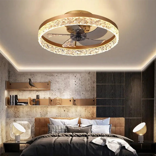 Circular Iron Rustic Ceiling Fan with LED Lights and Remote - Gold - Lighting > lights