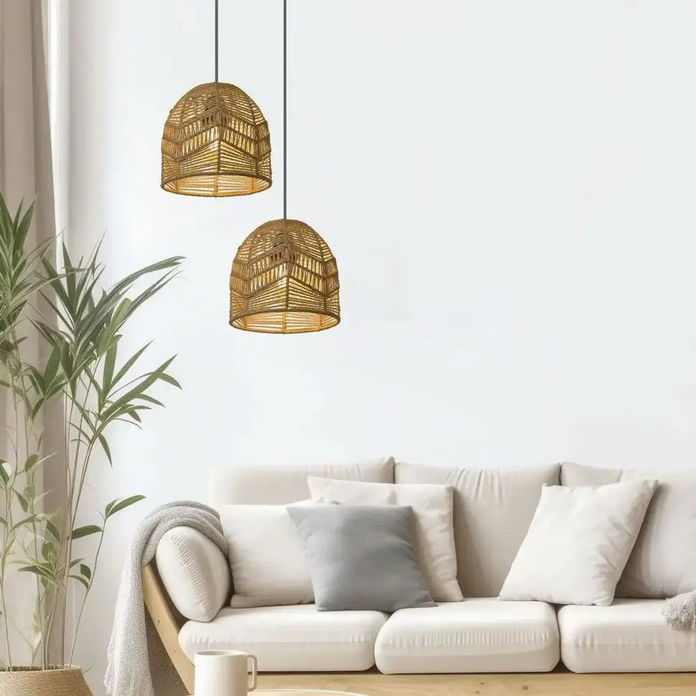 Hand‑Woven Paper Rope Lampshade Natural Rattan Cover - Chandelier