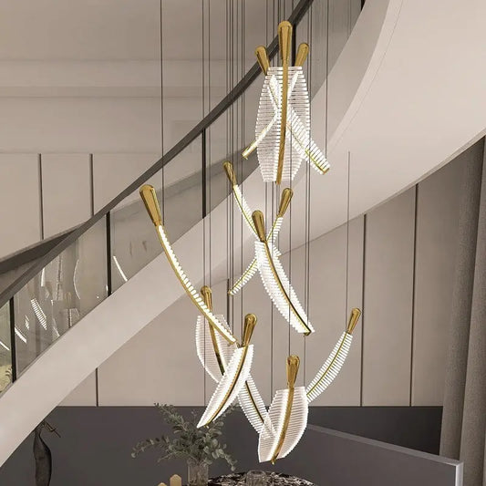 Large Crystal Staircase Creative Feather Chandelier - 12 Lights - Dia31.5’ / Warm Light