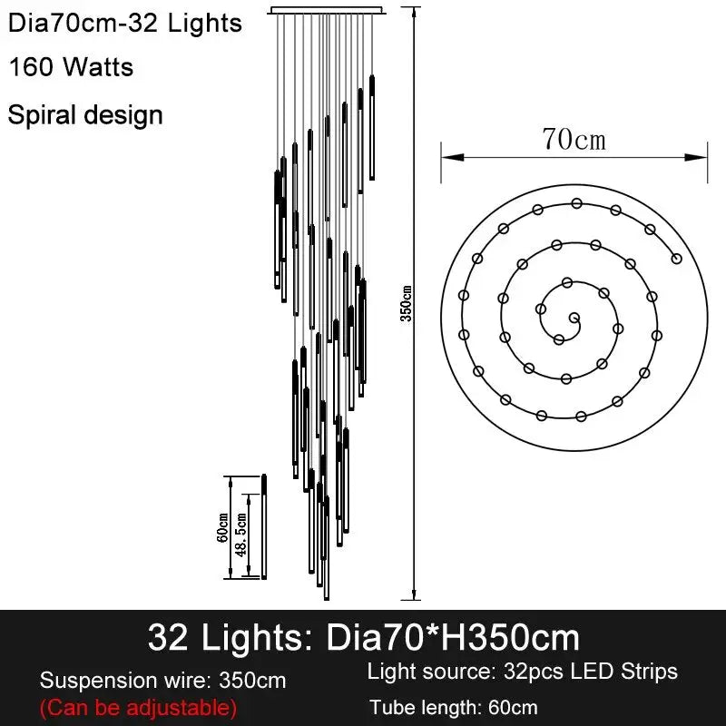 Long Led Strip Spiral Chandelier for Staircase,Lobby,Foyer - Dia70cm 32 lights / Gold NON