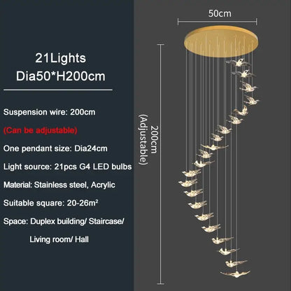 Luxury Bird design Spiral Chandelier for Staircase Living Hallway - 21 lights / Gold NON