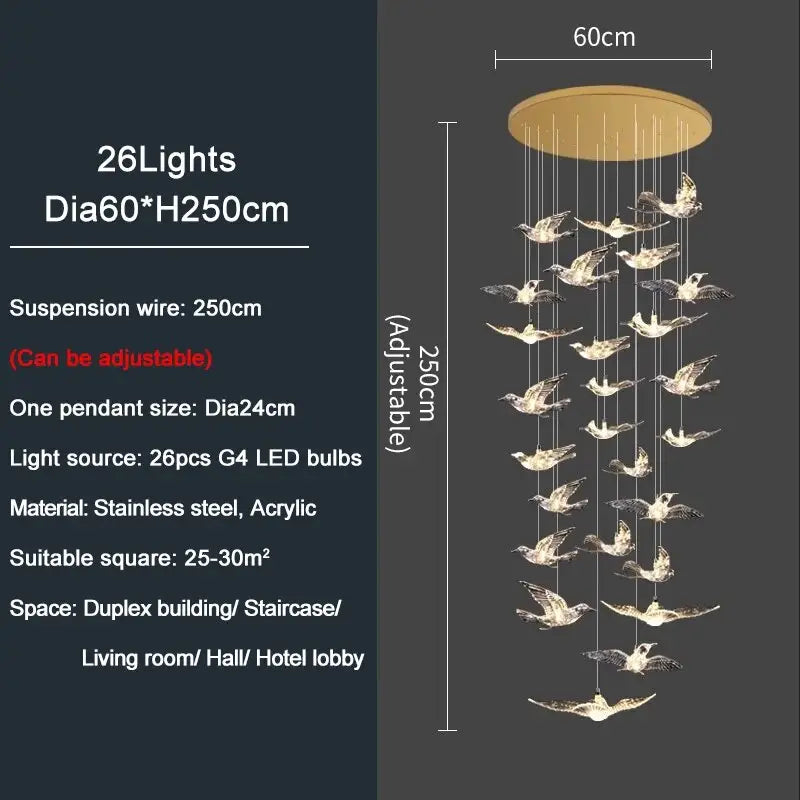 Luxury Bird design Spiral Chandelier for Staircase Living Hallway - 26 lights / Gold NON