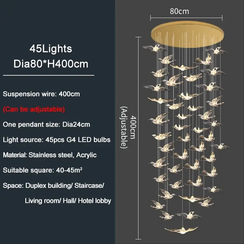 Luxury Bird design Spiral Chandelier for Staircase Living Hallway - 45 lights / Gold NON