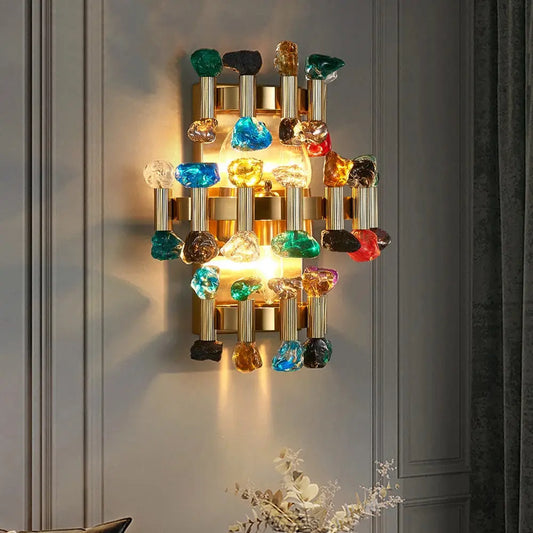 Luxury Brushed Gold Colorful Crystal Wall Sconce for Bedroom - Home & Garden > Lighting