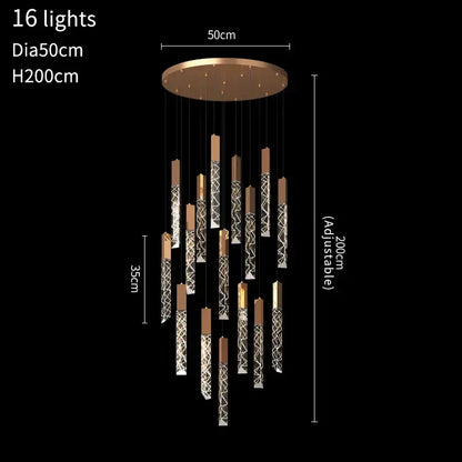 Luxury Hanging Long - Led Staircase Chandelier for Living Hall - 16 lights / Shiny Gold